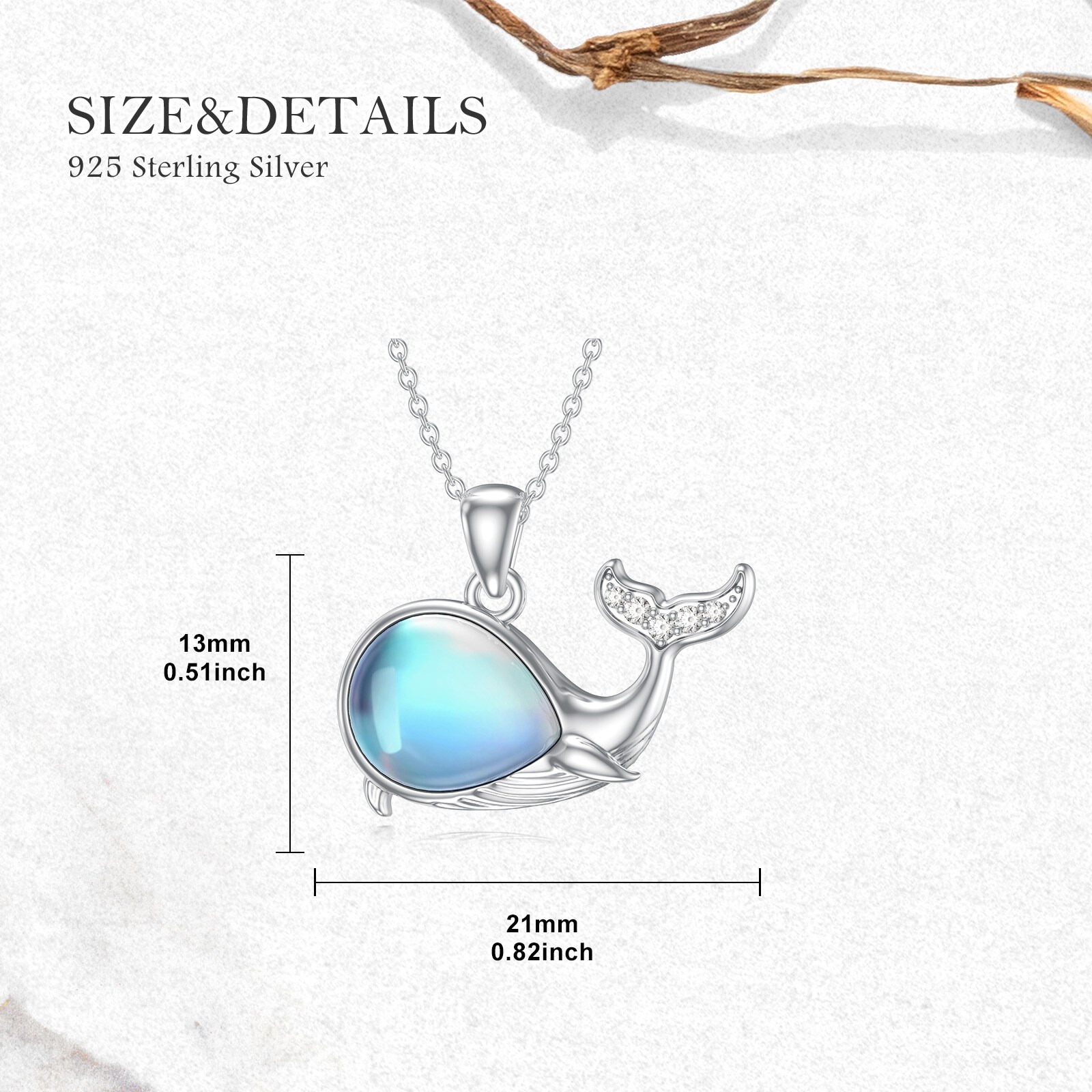 Women's 925 Sterling Silver Whale Pendant Necklace with Moonstone